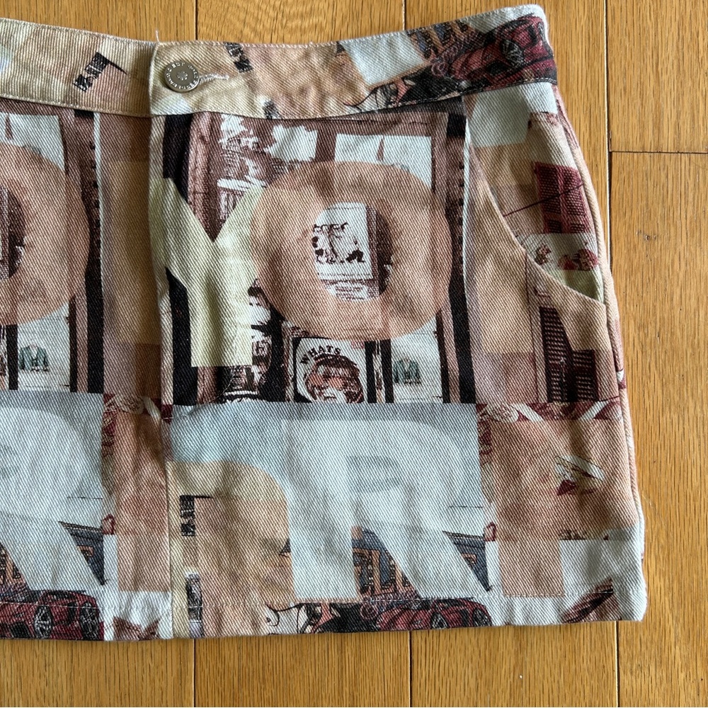 Peppermayo Y2K Denim Graphic Mini Skirt Brown Cream Tan Letters Race Cars US 4 - Picture 4 of 7